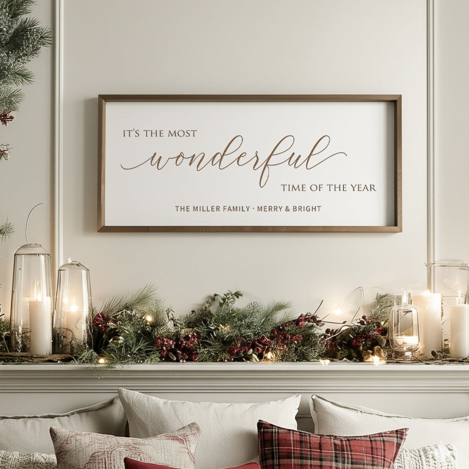“It’s the Most Wonderful Time of the Year” Engraved Wall Sign – Personalized Christmas Home Décor