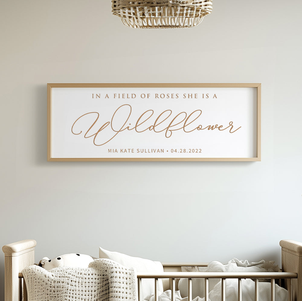 “She Is a Wildflower” Personalized Quote Sign – Engraved Nursery Wall Art for Girls with Name & Date