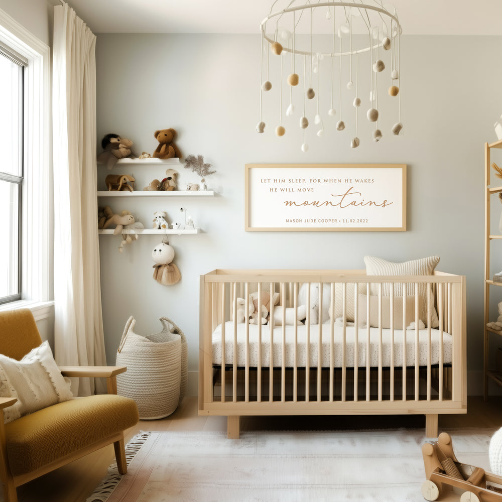 “He Will Move Mountains” Personalized Nursery Sign – Custom Engraved Baby Boy Wall Art with Name & Date