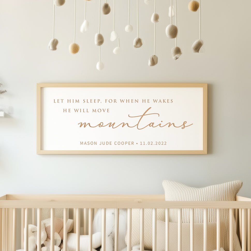 “He Will Move Mountains” Personalized Nursery Sign – Custom Engraved Baby Boy Wall Art with Name & Date