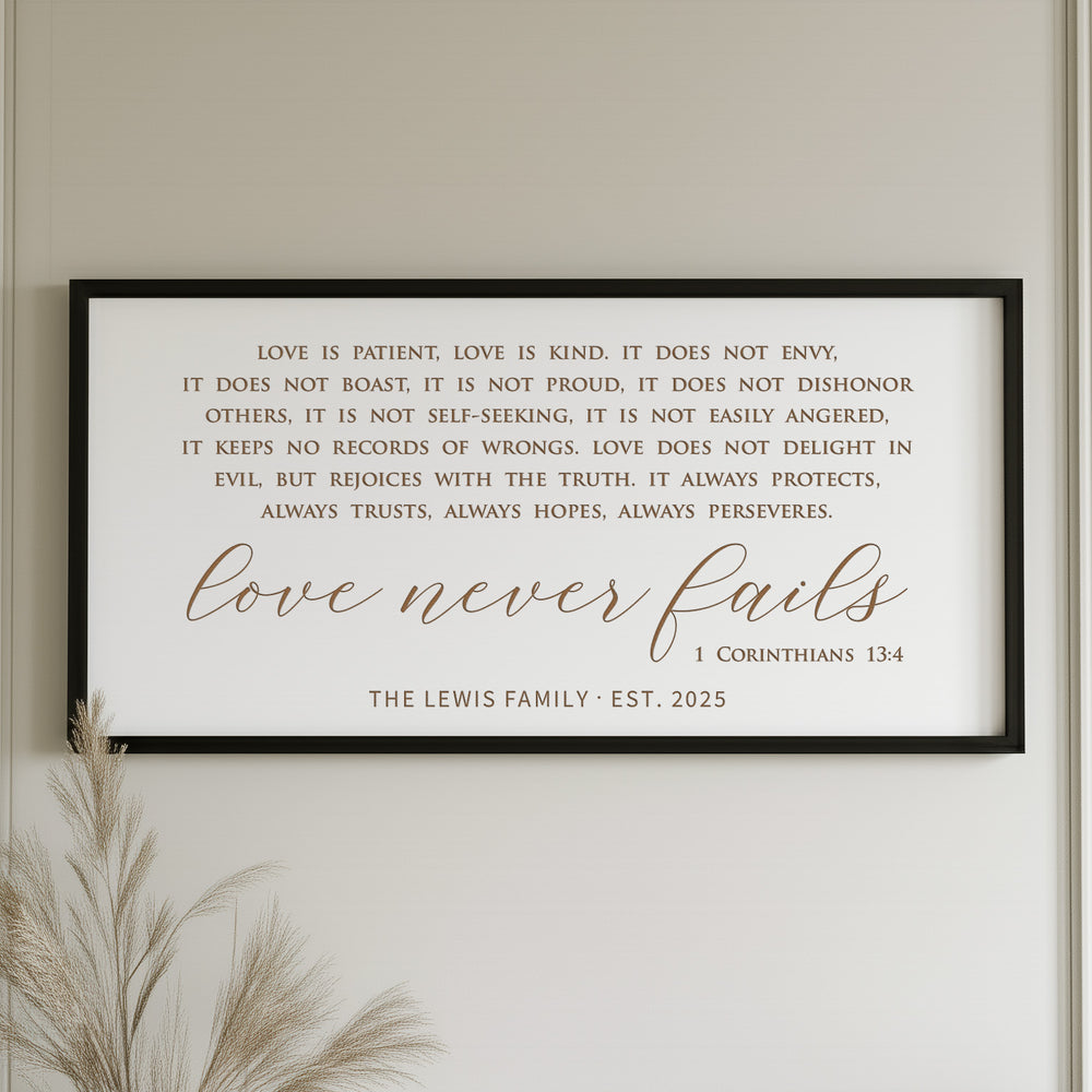 “Love Never Fails” Scripture Wall Art – 1 Corinthians 13 Custom Family Sign