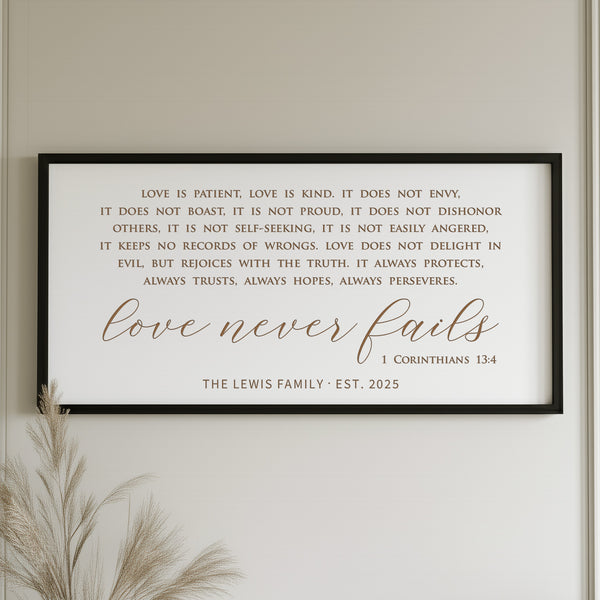 “Love Never Fails” Scripture Wall Art – 1 Corinthians 13 Custom Family Sign