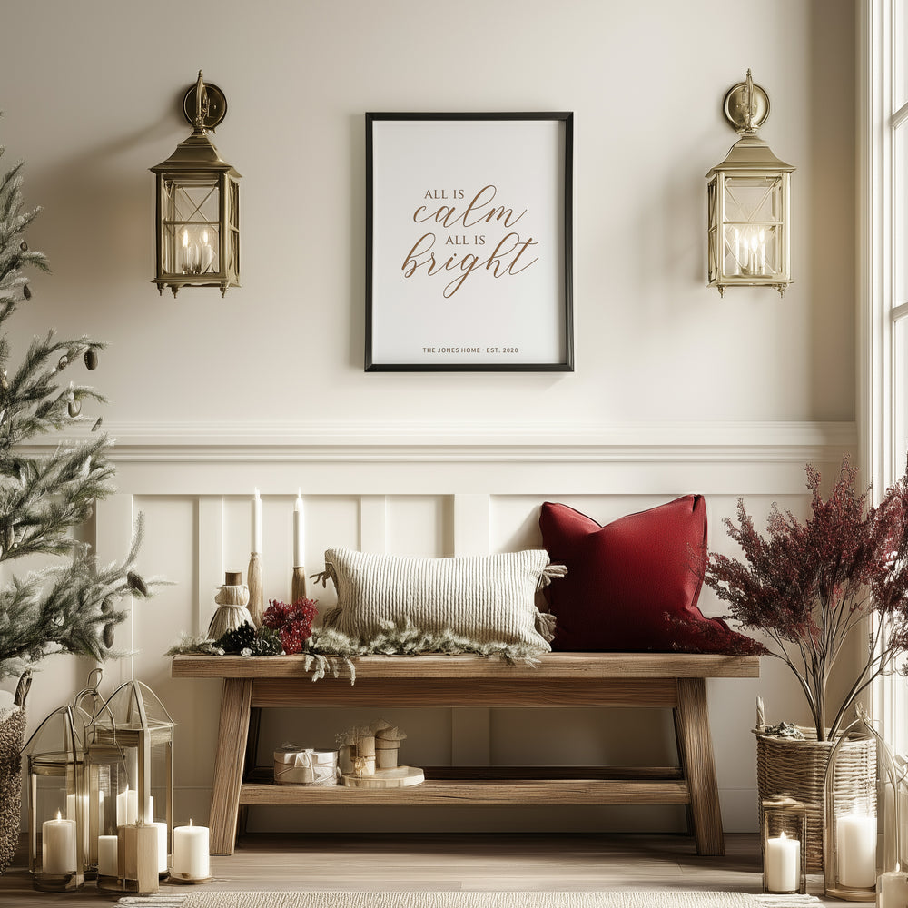 “All Is Calm, All Is Bright” Engraved Wall Sign – Personalized Christmas Home Décor