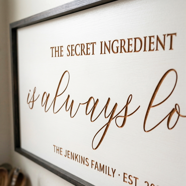The Secret Ingredient Is Always Love Wall Sign – Heartfelt Kitchen Decor with Family Name