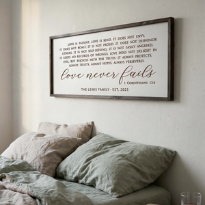 “Love Never Fails” Bedroom Wall Art – Personalized Scripture Sign for Couples