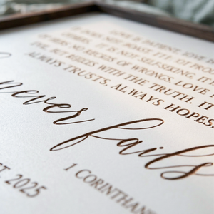“Love Never Fails” Bedroom Wall Art – Personalized Scripture Sign for Couples