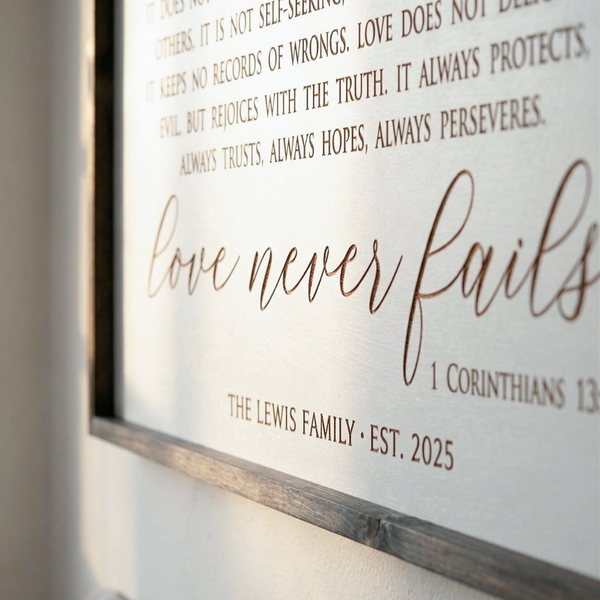 “Love Never Fails” Bedroom Wall Art – Personalized Scripture Sign for Couples