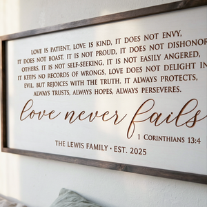 “Love Never Fails” Bedroom Wall Art – Personalized Scripture Sign for Couples