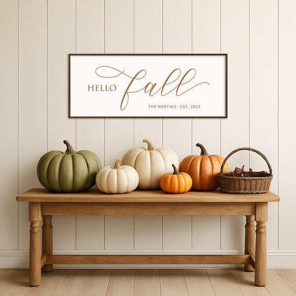 “Hello Fall” Engraved Wall Sign – Personalized Rustic Autumn Décor