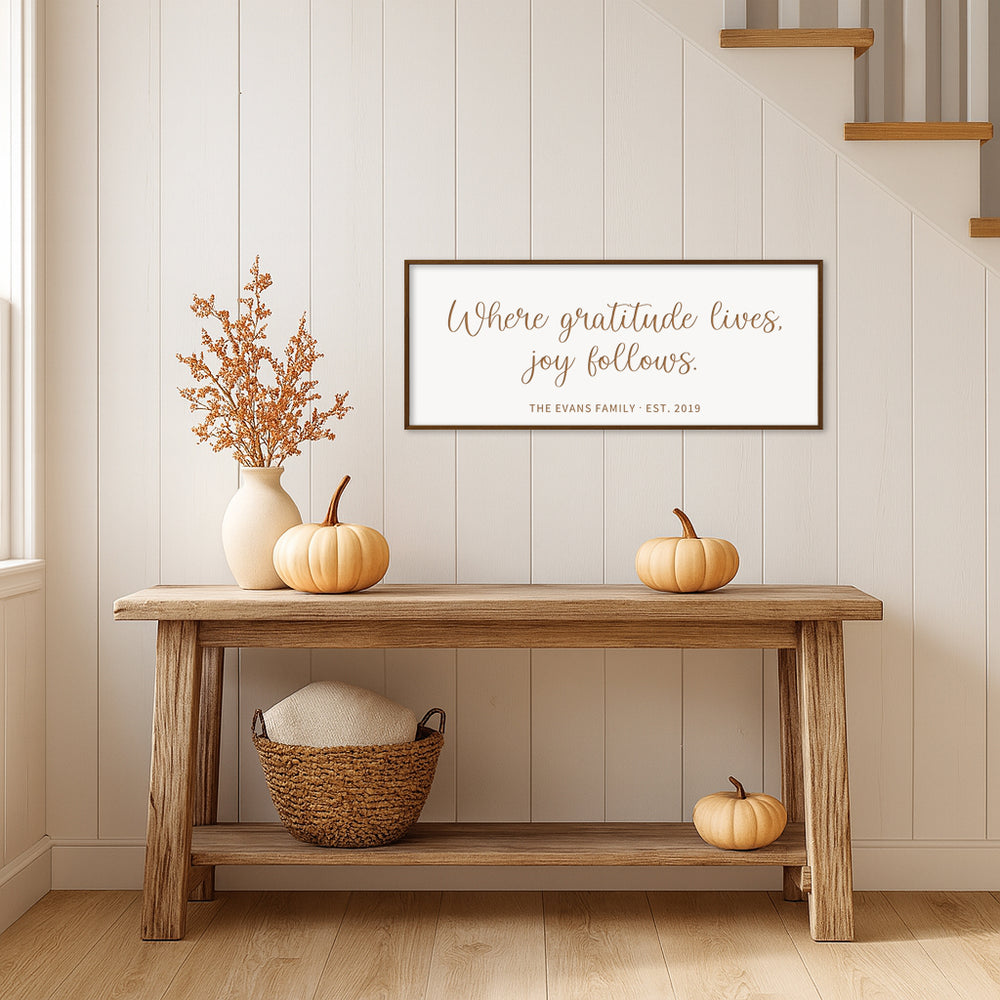 “Where Gratitude Lives, Joy Follows” Engraved Wall Sign – Personalized Inspirational Décor