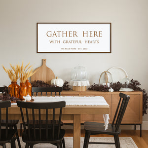 “Gather Here With Grateful Hearts” Engraved Wall Sign – Personalized Family Dining Room Décor