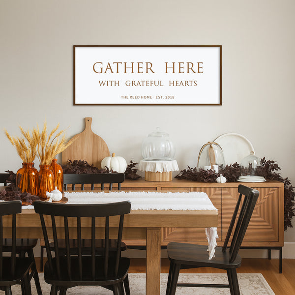 “Gather Here With Grateful Hearts” Engraved Wall Sign – Personalized Family Dining Room Décor