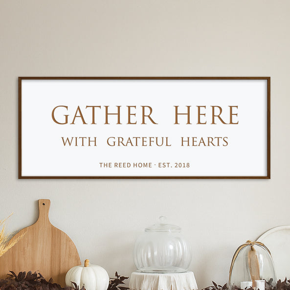 “Gather Here With Grateful Hearts” Engraved Wall Sign – Personalized Family Dining Room Décor