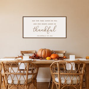 “May Our Table Always Be Full and Our Hearts Always Be Thankful” Engraved Wall Sign – Personalized Dining Room Décor