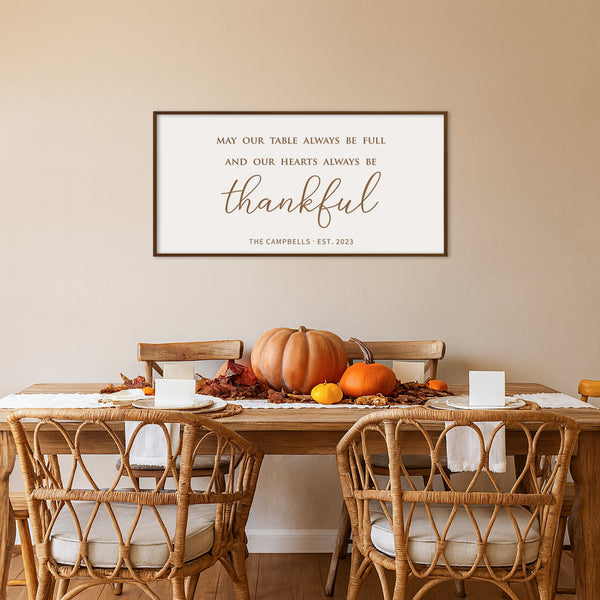“May Our Table Always Be Full and Our Hearts Always Be Thankful” Engraved Wall Sign – Personalized Dining Room Décor