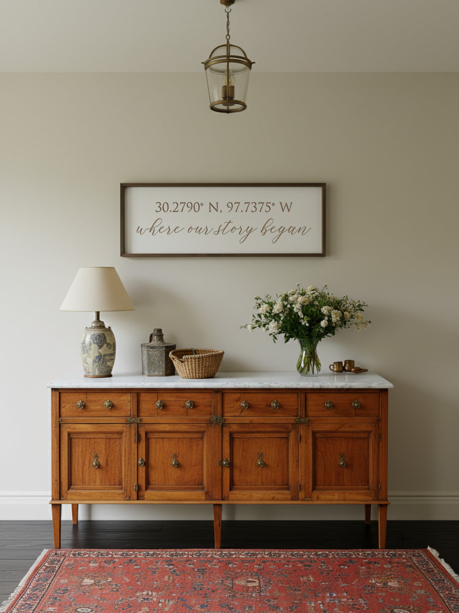 “Where Our Story Began” Engraved Coordinates Wall Sign – Personalized Couple or Family Home Décor