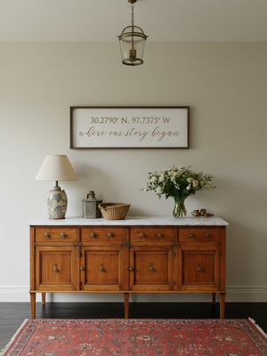 “Where Our Story Began” Engraved Coordinates Wall Sign – Personalized Couple or Family Home Décor