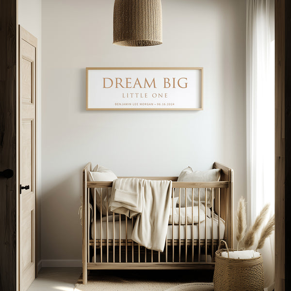 “Dream Big, Little One” Personalized Nursery Wall Art – Engraved Baby Room Quote with Name & Date