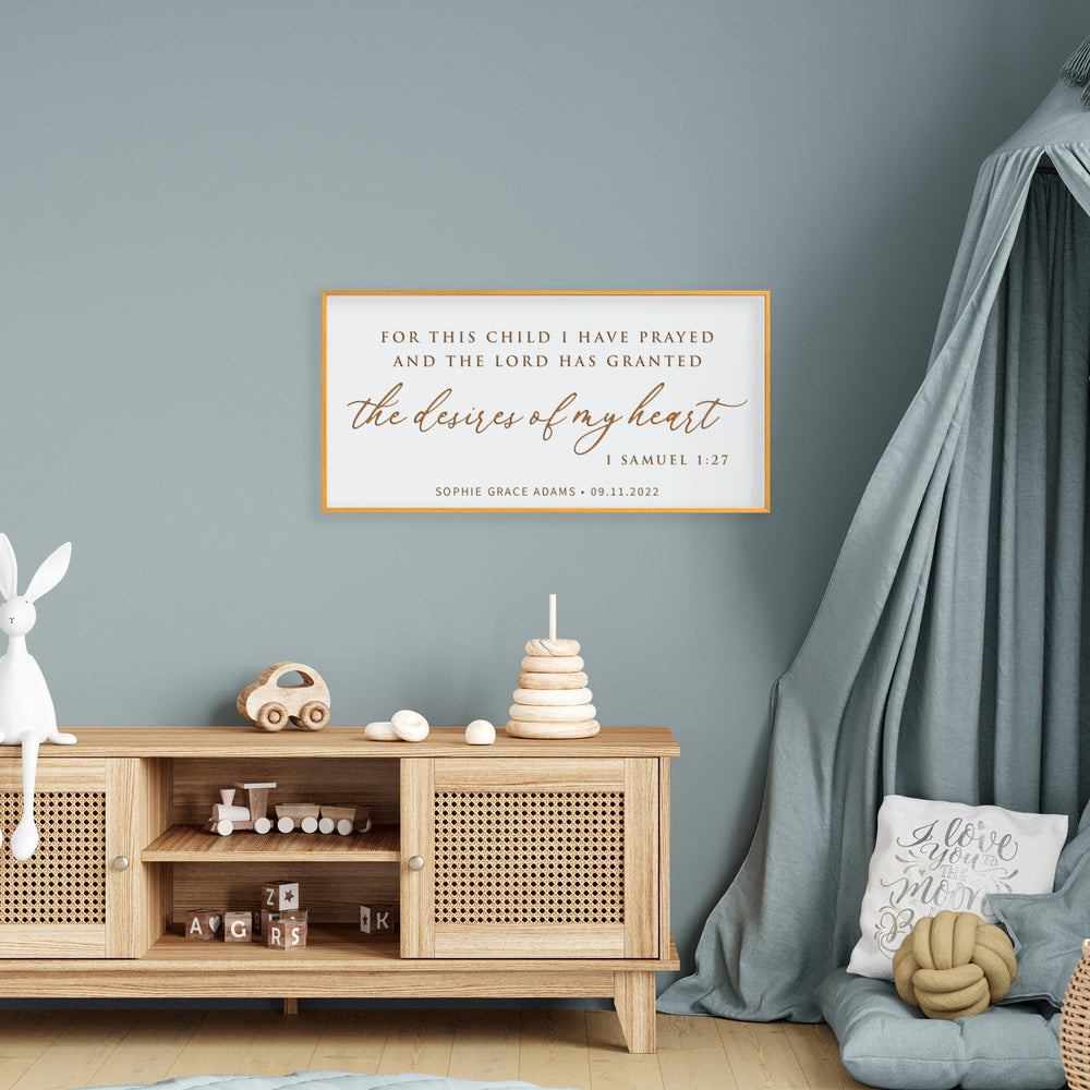 “For This Child I Have Prayed” Personalized Bible Verse Sign – Engraved Nursery Wall Art with Name & Date – 1 Samuel 1:27