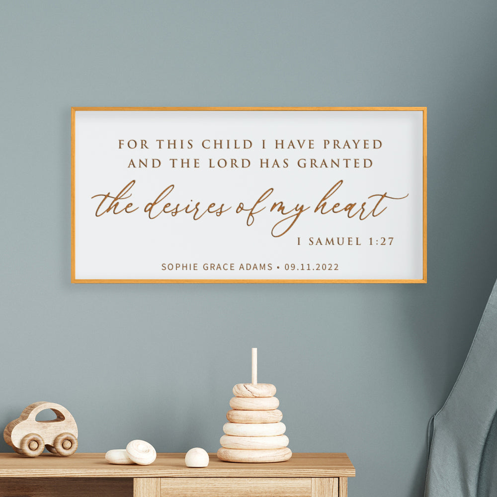 “For This Child I Have Prayed” Personalized Bible Verse Sign – Engraved Nursery Wall Art with Name & Date – 1 Samuel 1:27