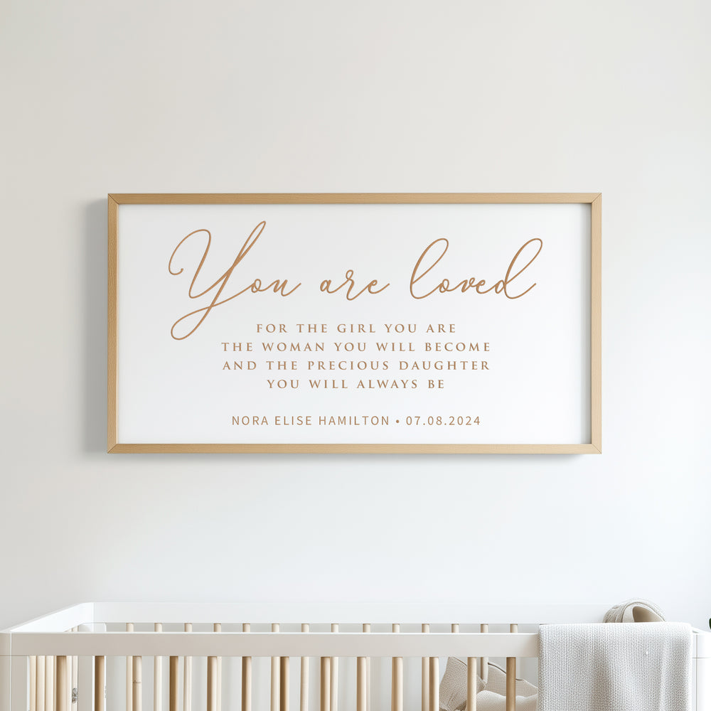 “You Are Loved” Personalized Daughter Quote Sign – Engraved Nursery or Girls Room Wall Art with Name & Date