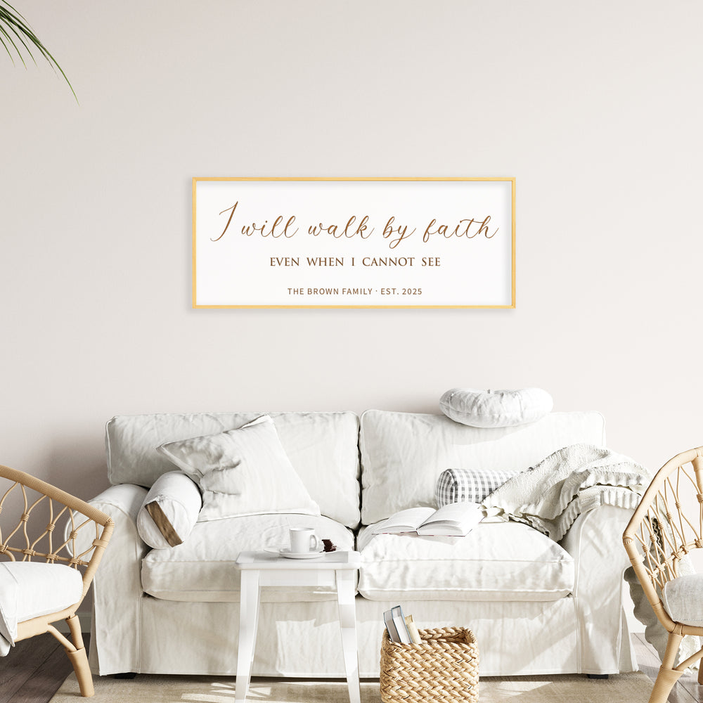 “I Will Walk by Faith” Personalized Scripture Sign – Engraved Christian Wall Art with Family Name & Date