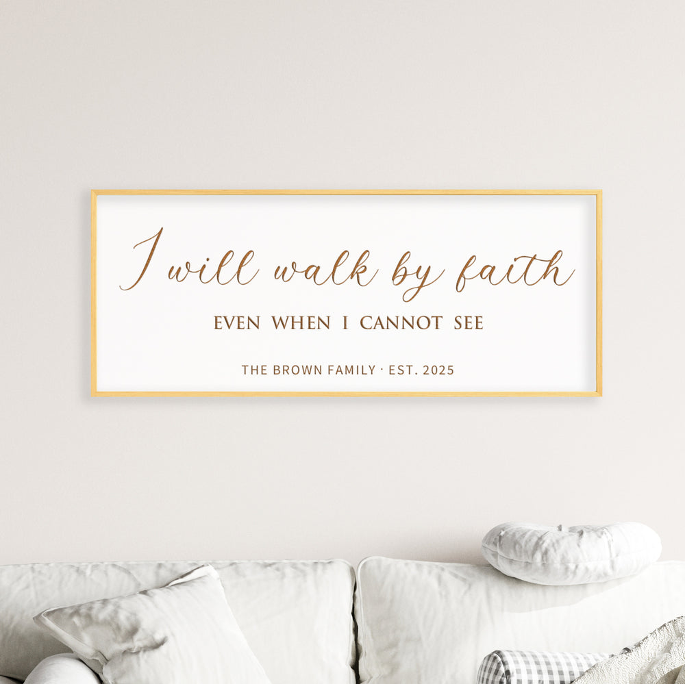 “I Will Walk by Faith” Personalized Scripture Sign – Engraved Christian Wall Art with Family Name & Date