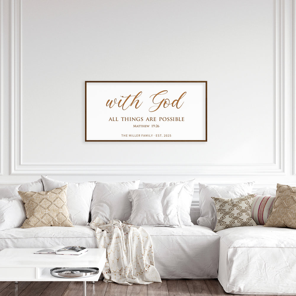 “With God All Things Are Possible” Personalized Scripture Sign – Engraved Wall Art with Family Name & Date – Matthew 19:26