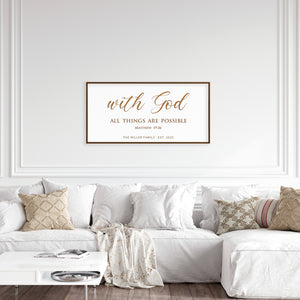 “With God All Things Are Possible” Personalized Scripture Sign – Engraved Wall Art with Family Name & Date – Matthew 19:26