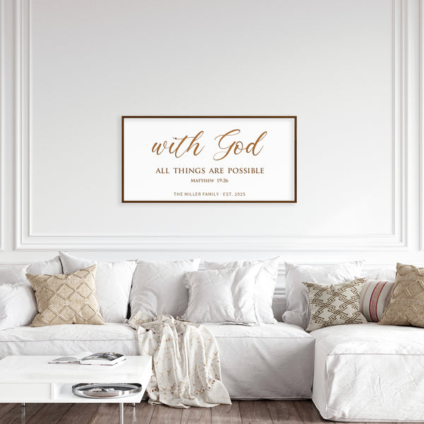 “With God All Things Are Possible” Personalized Scripture Sign – Engraved Wall Art with Family Name & Date – Matthew 19:26