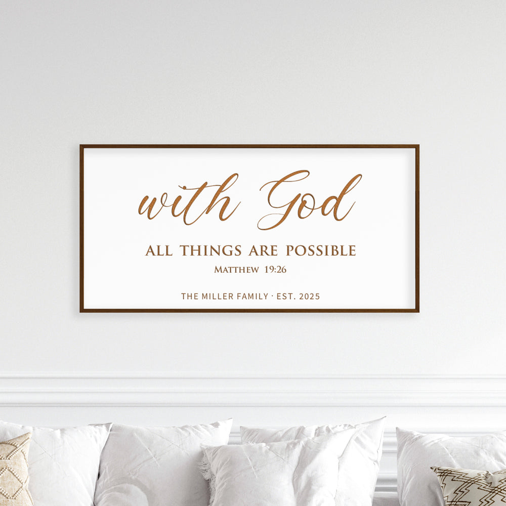 “With God All Things Are Possible” Personalized Scripture Sign – Engraved Wall Art with Family Name & Date – Matthew 19:26