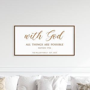 “With God All Things Are Possible” Personalized Scripture Sign – Engraved Wall Art with Family Name & Date – Matthew 19:26