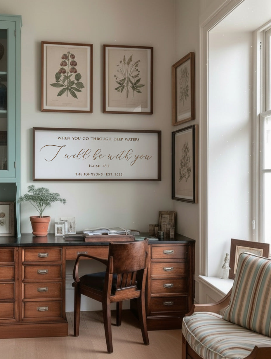 “I Will Be With You” Isaiah 43:2 Scripture Sign – Personalized Engraved Christian Wall Art with Family Name