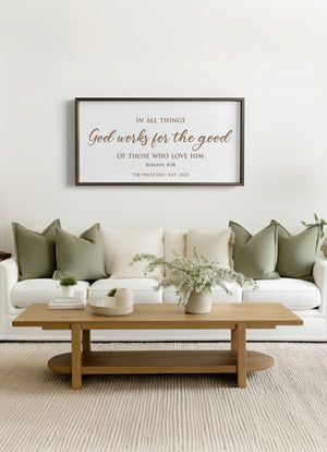 “God Works for the Good” Romans 8:28 Sign – Personalized Scripture Wall Art for Faith-Filled Homes