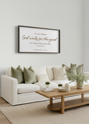 “God Works for the Good” Romans 8:28 Sign – Personalized Scripture Wall Art for Faith-Filled Homes