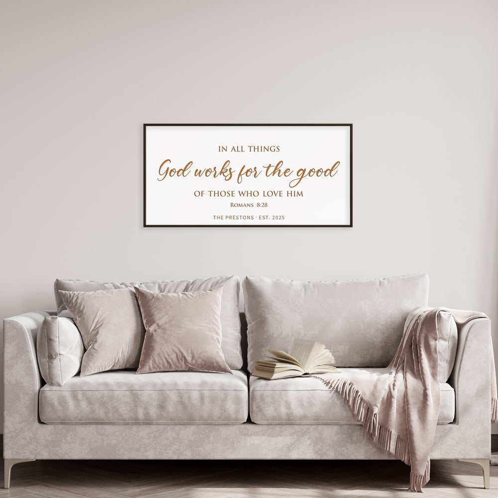 “God Works for the Good” Romans 8:28 Sign – Personalized Scripture Wall Art for Faith-Filled Homes