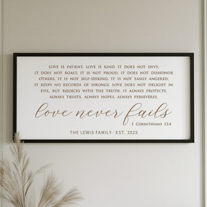 “Love Never Fails” Scripture Wall Art – 1 Corinthians 13 Custom Family Sign
