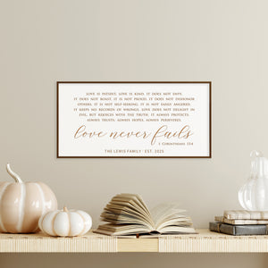 “Love Never Fails” Scripture Wall Art – 1 Corinthians 13 Custom Family Sign
