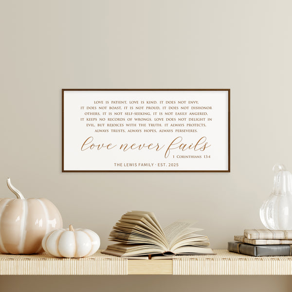 “Love Never Fails” Scripture Wall Art – 1 Corinthians 13 Custom Family Sign