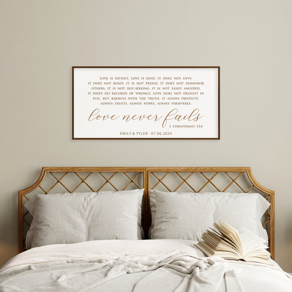 “Love Never Fails” Bedroom Wall Art – Personalized Scripture Sign for Couples