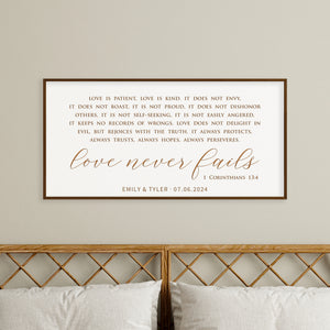 “Love Never Fails” Bedroom Wall Art – Personalized Scripture Sign for Couples