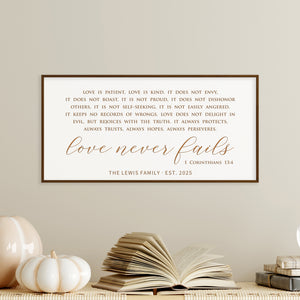“Love Never Fails” Scripture Wall Art – 1 Corinthians 13 Custom Family Sign