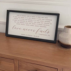 “Love Never Fails” Scripture Wall Art – 1 Corinthians 13 Custom Family Sign