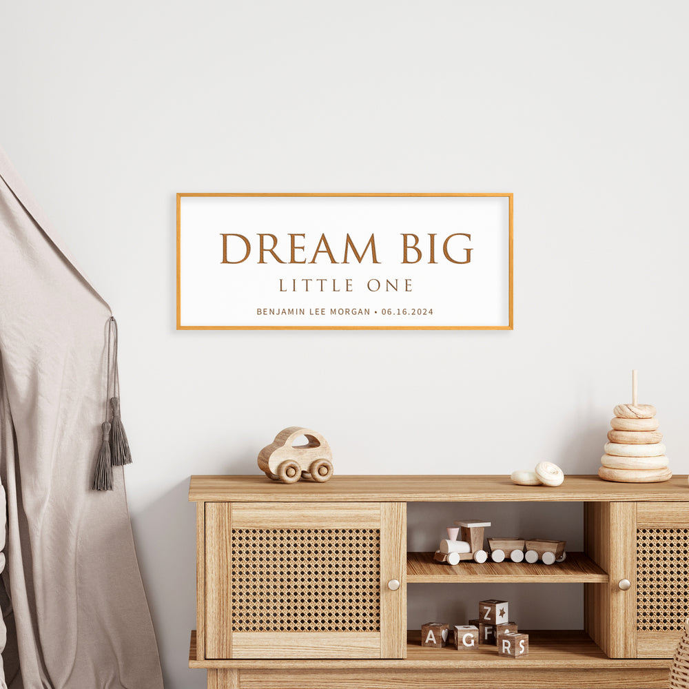 “Dream Big, Little One” Personalized Nursery Wall Art – Engraved Baby Room Quote with Name & Date