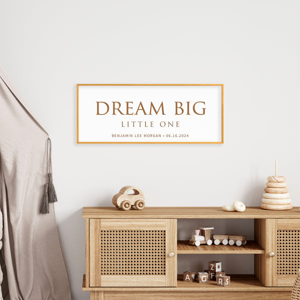 “Dream Big, Little One” Personalized Nursery Wall Art – Engraved Baby Room Quote with Name & Date