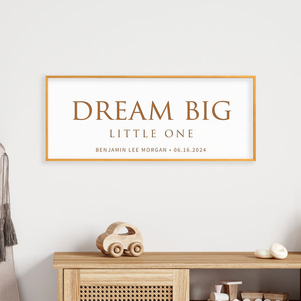 “Dream Big, Little One” Personalized Nursery Wall Art – Engraved Baby Room Quote with Name & Date