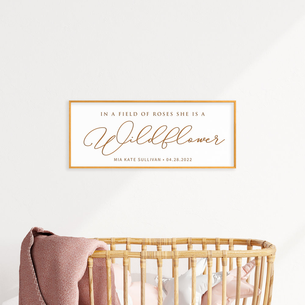 “She Is a Wildflower” Personalized Quote Sign – Engraved Nursery Wall Art for Girls with Name & Date