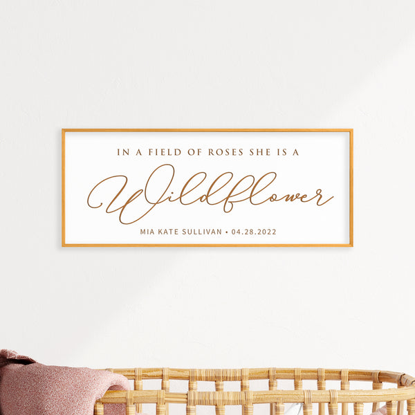 “She Is a Wildflower” Personalized Quote Sign – Engraved Nursery Wall Art for Girls with Name & Date