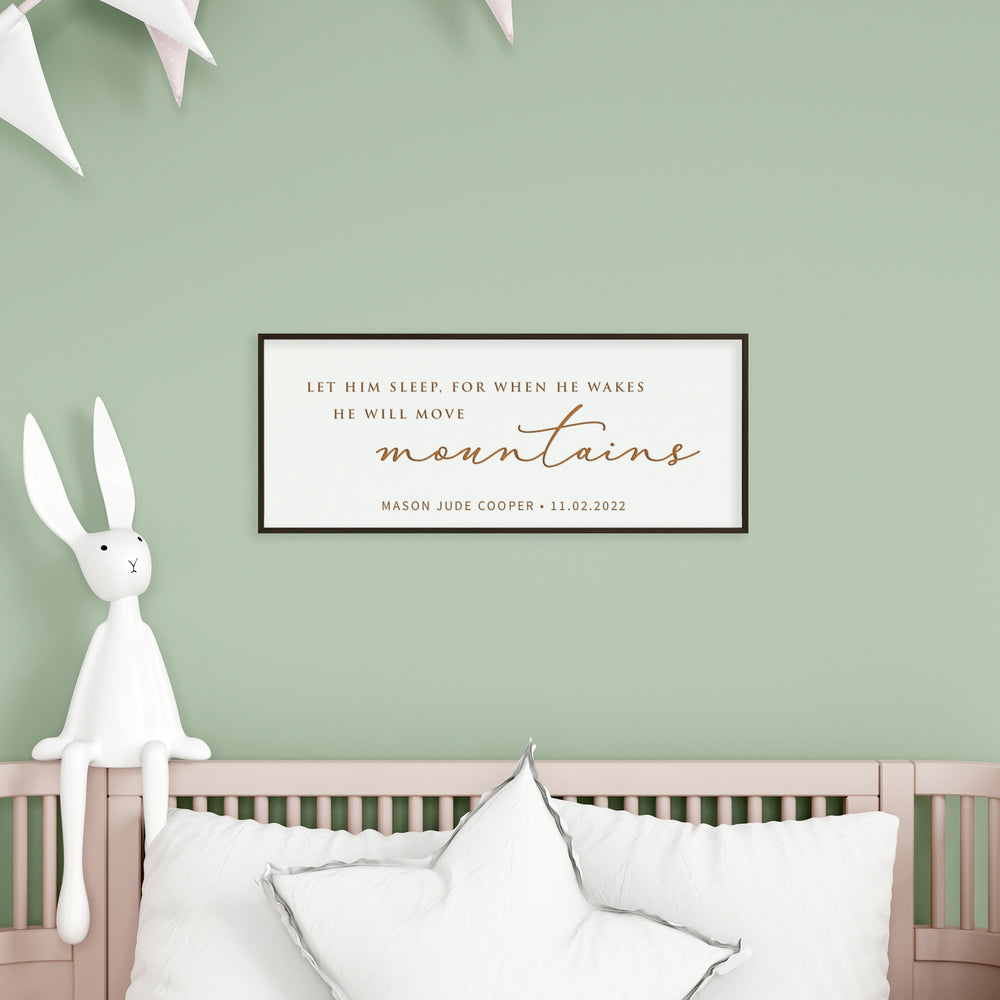 “He Will Move Mountains” Personalized Nursery Sign – Custom Engraved Baby Boy Wall Art with Name & Date