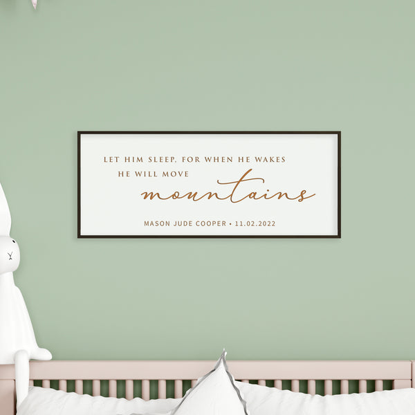 “He Will Move Mountains” Personalized Nursery Sign – Custom Engraved Baby Boy Wall Art with Name & Date